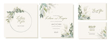 Set Of Rustic Wedding Cards With Green Leaves, Eucalyptus And Branches. Wedding Square Invitations In Watercolor Style. Vector
