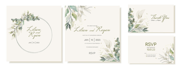 set of rustic wedding cards with green leaves, eucalyptus and branches. wedding square invitations i
