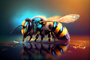 Aufkleber - Beautiful photo bee, natural background. Generative AI technology.
