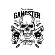 Original Monochrome Vector Illustration Of A Bandit Skull With Two Guns In His Hands. T-shirt Or Sticker Design.