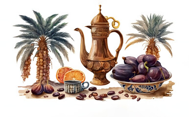 Arabic date fruit, coffee pot, and rosary beads, figs, palm isolated on white background, festive still life with oriental ramadan lantern and iftar food concept