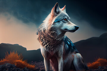 Poster - Beautiful photo wolf, natural background. Generative AI technology
