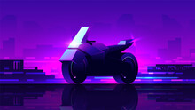 Dark Silhouette Of Futuristic Cyberpunk Motorcycle On Abstract Night City Background.