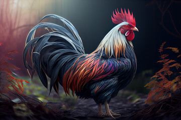 Poster - Beautiful photo rooster, natural background. Generative AI technology