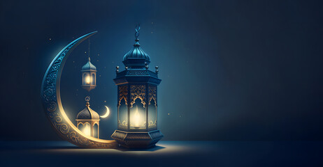 lanterns stands in the desert at night sky, lantern islamic mosque, crescent moon ramadan kareem the