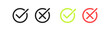 Voting buttons. Red, green, right, wrong. can, can't, yes, no, flat, line, black, accept, reject, flag, false, true, mark. absence, close, approve. Interactive concept. Vector flat reaction icons.