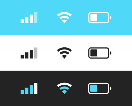 indicators icons set. network,internet,wi-fi,connection, battery, charge level, connection, blue, wh