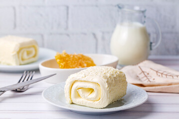 Turkish creamy dairy product. Clotted cream (butter cream) for Turkish breakfast with glass of milk. (Turkish name; kaymak)