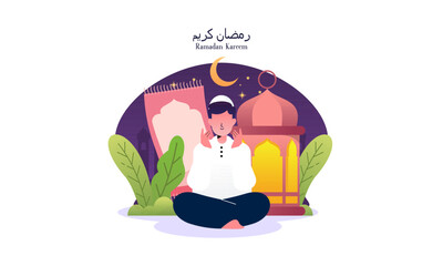 Wall Mural - Ramadan Kareem Concept of a Religious Muslim Man Praying to Allah 