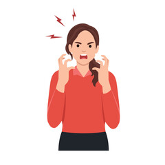 Young woman get angry and scream. Flat vector illustration isolated on white background