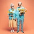 © Uncanny Valley - Portrait of old elegant grandpa having bouquet of fresh spring flowers to surprise grandmother for the holiday. A gift for grandma from a loved one. Soft pastel background. Generative AI.