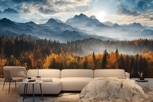 Art Mural Wallpaper Landscape With Black And White Marble. Golden Trees, Mountains, Golden Waves, Golden Sun. Wall Art Canvas. Generative AI