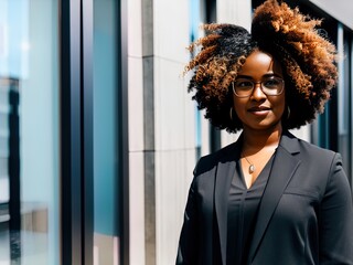 A confident black businesswoman standing outside an office building.