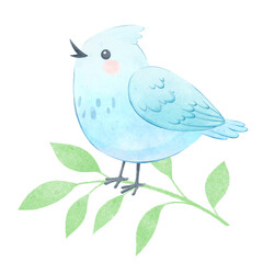 Naklejka na meble Cute watercolor bird with crest, cartoon white bird sings on a green branch