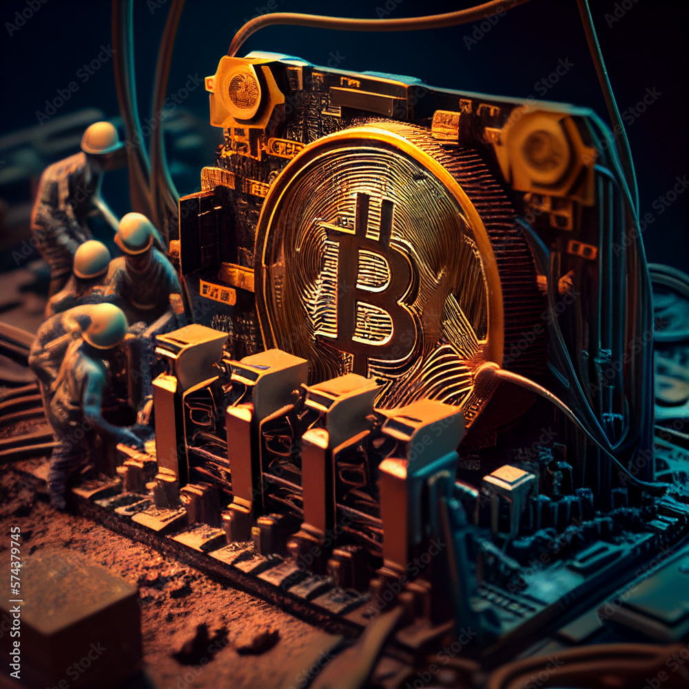 Miners mining a physical bitcoin cryptocurrency of a mine computer,  generative AI Stock Illustration | Adobe Stock