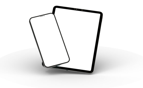 Blank screen realistic tablet frame, rotated position, side view, top view. The tablet is at different angles. Layout of a universal set of devices