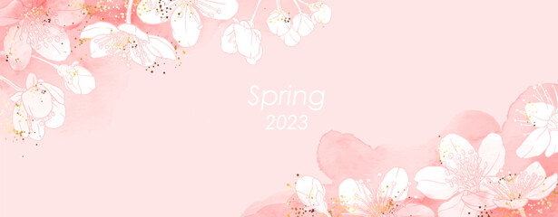 Luxury abstract art botanical composition. Spring minimal design in pink, white and golden shades. Watercolor flowers, plants, leaves, sakura. Cherry blossoms.