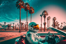 Astronaut Driving A Small Sports Convertible Against A Background Of Palm Trees And Blue Sky, Art Generated Ai