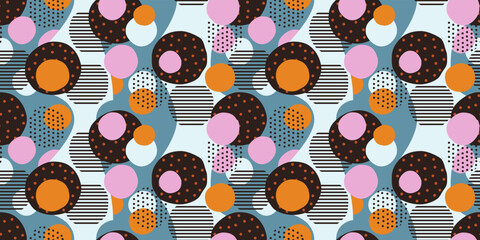 Poster - Circles striped, with dots, pink or orange, black. Circles seamless vector print.