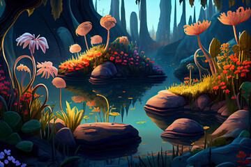 Wall Mural - fantastic wonderland landscape with mushrooms, lilies flowers, morpho butterflies and moon