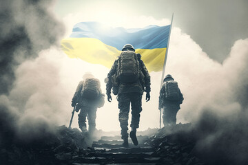 Ukrainian soldier with flag of Ukraine walking stairway to Heaven. Hero soldier ascending to paradise. Ai generative