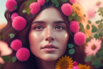 Wall Mural - A beautiful young girl with a bright wreath of multi-colored flowers on her head. Generative AI