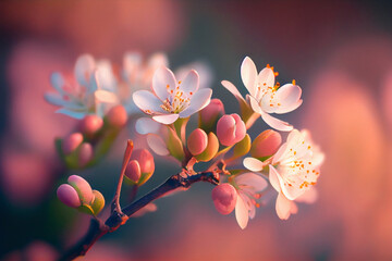 Wall Mural - Brunch of light pink cherry or sakura blossoms on background. Botanical selective focus. AI Generated