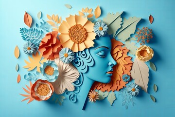 an exciting paper collage with a girl's face and flowers. a photograph symbolizing the celebration o