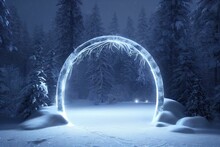 Mysterious Glowing Portal With Icy Arch In Winter Forest. Generative AI