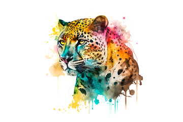 Poster - jaguar drawn with colorful watercolors isolated on white background. AI generated