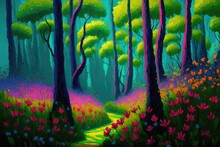 Shady Path Through Tall Woodland Trees, Serene Lush Green Grass With Rejuvenating Spring Season Pink Wild Flowers. Artistic - Vivid Colors, Idyllic Surroundings In Nature - Generative AI. 