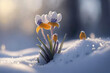 First spring flowers. Blooming flower covered snow with blurry bokeh and sparkling detail. Ai generated art