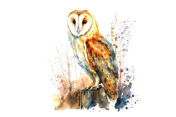 Poster - owl drawn with colorful watercolors isolated on white background. AI generated