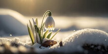 First Spring Flowers. Snowdrops Flowers Covered Snow With Blurry Bokeh And Sparkling Detail At Sunrise. Ai Generated Art