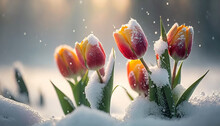 First Spring Flowers. Blooming Tulip Flowers Covered Snow With Blurry Bokeh And Sparkling Detail. Ai Generated Art
