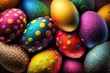 Wall Mural - Colorful Easter eggs with poker dots on wallpaper background - Generative AI