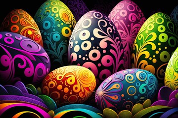 Wall Mural - Colorful Easter eggs with patterns on wallpaper background - Generative AI