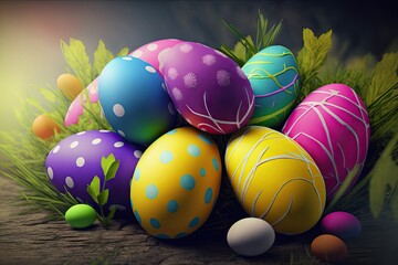 Wall Mural - Colorful Easter eggs with patterns on wallpaper background - Generative AI