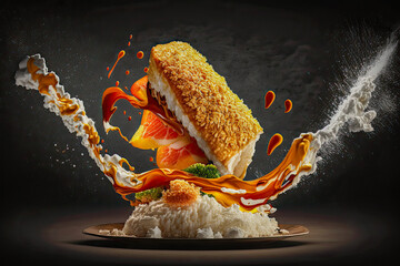 Japanese food, Tonkatsu pork deep fried with bread crumbs cutlet on dark background - Generative AI