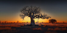 Abstrakter Surrealer Sonnenuntergang In Der Afrikanischen Steppe Mit Wilden Tieren Illustration Generative AI Digital Art Hintergrund  Reisedoku 