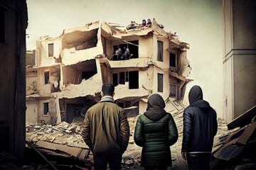 Wall Mural - Refugees, view from the back, looking at damaged homes. People in front of destroyed home buildings because of earthquake or war missile strike. Refugees, war and economy crisis.