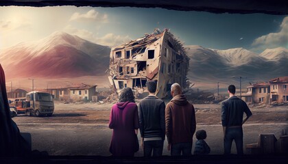 Wall Mural - Refugees, view from the back, looking at damaged homes. People in front of destroyed home buildings because of earthquake or war missile strike. Refugees, war and economy crisis.