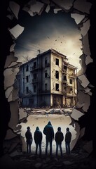 Wall Mural - Refugees, view from the back, looking at damaged homes. People in front of destroyed home buildings because of earthquake or war missile strike. Refugees, war and economy crisis.