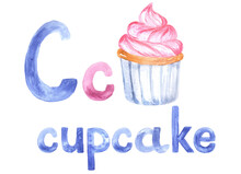Aquarelle Letter C For Written Word "cupcake", Pictured Book, Card For Education.Watercolor Hand Drawn Illustrated Painted Kids Alphabet Of English Language.Isolated