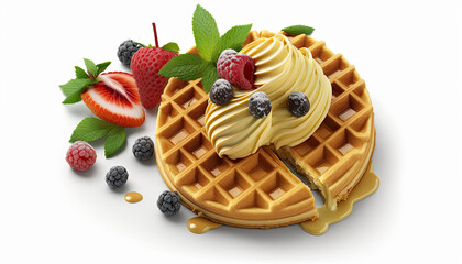 Wall Mural - Waffles with sauce, ice cream and strawberries isolated on white background - Generative AI