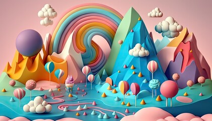 Wall Mural - Candyland Dreams: 3D Cute Illustration of Rainbow-Colored Fantasy Landscape Made of Multicolored Candies. Generative AI