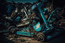 Wrecks Of Broken Rental Electric Scooters As Waste In Junk Yard Environment, Copy Space, Generative AI