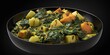 Delicious Saag Aloo Mittelscharf Kartoffeln mit Spinat, indische Spezialität im Restaurant, ai generativ
