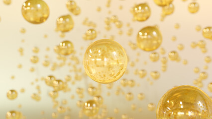 3D cosmetic rendering Bubbles of Golden Serum against a blurred background. Design of collagen bubbles. The idea for a moisturizing cream and serum. Concept of vitamins for beauty and personal care.