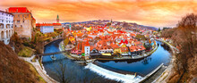 Panoramic View Of Cesky Krumlov With St Vitus Church In The Middle Of Historical City Centre. Cesky Krumlov, Southern Bohemia, Czech Republic.